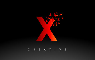 Fototapeta premium Red X Logo Letter with Flock of Birds Flying and Disintegrating from the Letter.