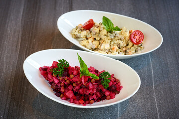 vinaigrette salad on marble background