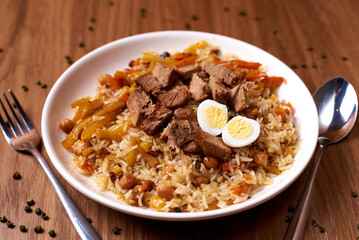 pilaf, with lamb meat, and quail egg