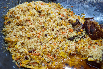 only cooked pilaf in a cauldron
