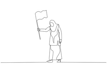 Drawing of sad muslim woman enterpreneur waving white flag metaphor of surrender and give up. Continuous line art