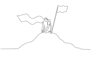 Drawing of muslim woman enterpreneur with hero cape on mountain. Single continuous line art style