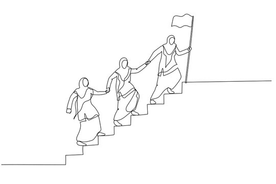 Illustration of muslim woman enterpreneur team walking up staircase, holding hands with raised flag. Single line art style