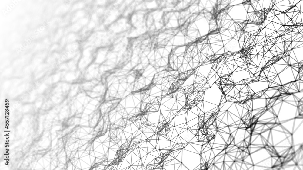 Poster wave of particles on a white background. abstract interlaced lines and dots. digital connection of e
