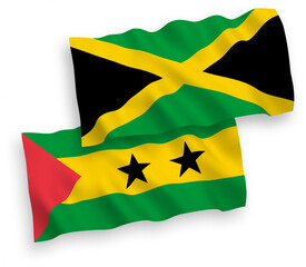 National vector fabric wave flags of Saint Thomas and Prince and Jamaica isolated on white background. 1 to 2 proportion.