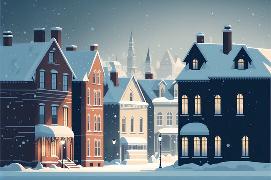 wintery cityscape with snow-covered streets and buildings, DIGITAL DRAWING (AI Generated)
