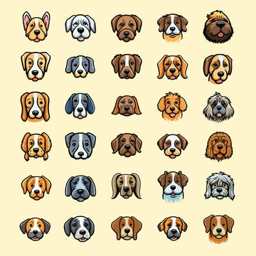 A Vaious of Dog Faces, Different breeds, Different Mood emotional in Set of Vector