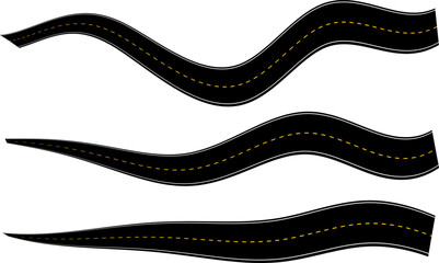 Vector curved black road with markings. Top view.