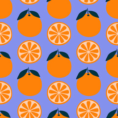 Tropical bright oranges with leaf hand drawn vector illustration. Colorful juicy fruit seamless pattern for wallpaper or fabric.