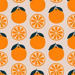 Tropical oranges with leaf hand drawn vector illustration. Colorful juicy fruit seamless pattern for wallpaper or fabric.