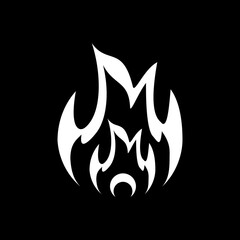 White fire flame burning warning sign on black background flat vector icon design.