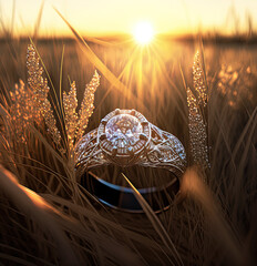 Sparkling diamond Ring with Wide setting in tall grass, Beautiful cinematic shot in sunset