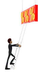 3d man climb ladder to reach percentage symbol concept