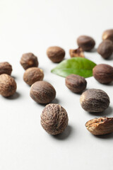 Concept of different spices and condiments, nutmegs