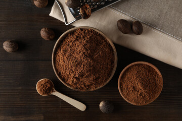 Concept of spices and condiments, nutmegs, top view