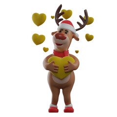  3D illustration. Sweet Christmas Reindeer 3D character cartoon surrounded by hearts. displays a happy mood. has two cute horns. 3D Cartoon Character