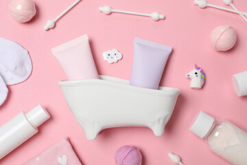 Concept of baby or childrens cosmetics, top view