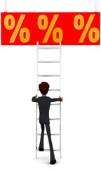3d man climb ladder to reach percentage symbol concept