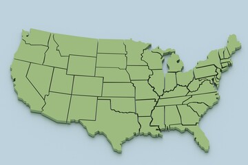 3D rendered map of USA. State map high detailed border. Political borders of the United States of America.