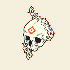 Human head skull surrounded by chains