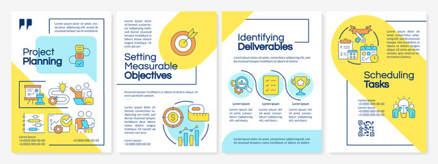 Project planning blue and yellow brochure template. Business strategy. Leaflet design with linear icons. Editable 4 vector layouts for presentation, annual reports. Questrial, Lato-Regular fonts used