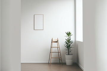 A minimalistic bright room with a wooden ladder. AI produced