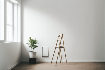 A minimalistic bright room with a wooden ladder. AI produced