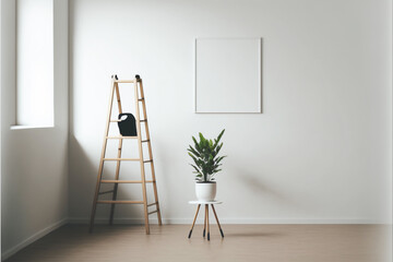 A minimalistic bright room with a wooden ladder. AI produced