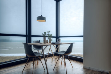 Pleasant meeting room with a view of the ocean. AI produced