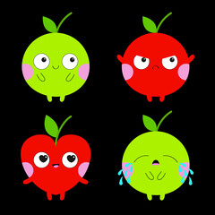Emoji Apple icon. Emoticon. Cute cartoon kawaii smiling sad angry crying in love baby character.Green red color. Funny fruit. Different emotion face. Heart shape. Flat design. Black background.