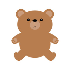 Obraz premium Cute little bear toy sitting on the ground. Brown grizzly icon. Kawaii cartoon character. Funny head face. Happy Valentines Day. Baby greeting card. White background. Flat design.