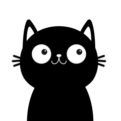 Black cat head face silhouette icon. Funny kawaii smiling doodle animal. Cute cartoon funny character. Pet collection. Sticker print. Flat design Baby background. Isolated.