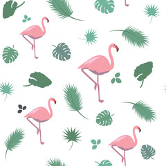 Flamingo seamless pattern with tropical leaves. Cute tropical wallpaper and fabric print. Cartoon vector children illustration.