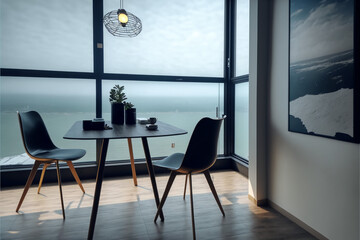 Pleasant meeting room with a view of the ocean. AI produced