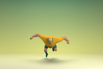 An athlete wearing a yellow shirt and green pants. He is falling down. 3d rendering of cartoon character in acting.