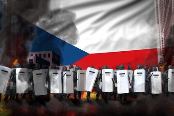 Czechia police officers on city street are protecting state against demonstration - protest fighting concept, military 3D Illustration on flag background