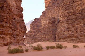 Wadi Rum Desert, Jordan. The red desert and Jabal Al Qattar mountain rocks