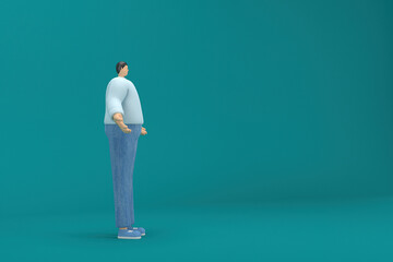 cartoon character wearing jeans and  long shirt. He is expression  of body and hand when talking. 3d rendering in acting.