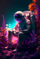 Obraz na płótnie Canvas Astronaut in flower garden resting