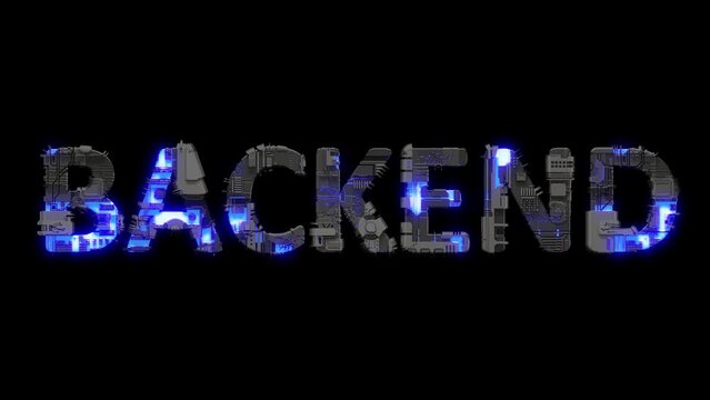 scrap metal cyberpunk text BACKEND with electrical light and animated surface, isolated - loop video