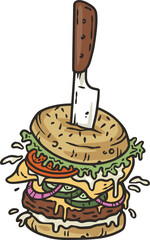 Burger and knife with meat, cheese and vegetable for design of logo or emblem. American fast food or hamburger for label or poster. USA food with bun, lettuce, cheese, tomato, onion, cutlet for store.