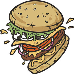 Burger with meat, cheese and vegetable for design of logo or emblem. American fast food or hamburger for label or poster. USA food with bun, lettuce, cheese, tomato, onion, cutlet for store.