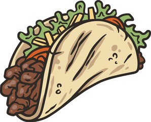 Taco vector with meat and vegetable for design of logo or emblem. Traditional mexican fast food. Tacos Mexico food with tortilla, leaves lettuce, cheese, tomato, forcemeat, sauce.