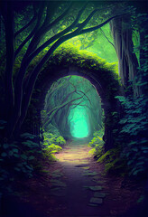 Dreamy lights pathway into an ancient forest, trail, archway, brilliant color Concept Art Scenery. Book Illustration. Video Game Scene. Serious Digital Painting. CG Artwork Background. Generative AI