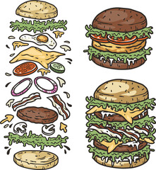 Set of burgers with meat, cheese and vegetable for design of logo or emblem. American fast food or hamburgers for label or poster. USA food ingredients