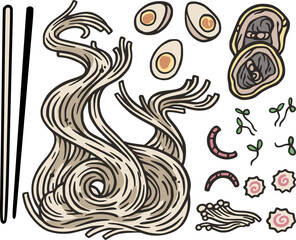 Set of elements for ramen soup with noodle, egg, seaweed, meat, chopsticks. Traditional Japanese ramen or chinese soup for design of label or asian food banner.