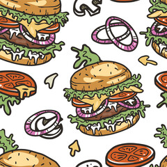 Seamless pattern with burger with meat, cheese and vegetable for design of label, banner or poster. Fast food with bun, lettuce, cheese, tomato, onion, cutlet.