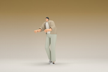 Obraz premium A man with glasses wearing brown cloth. He is expression of hand when talking. 3d rendering of cartoon character in acting.