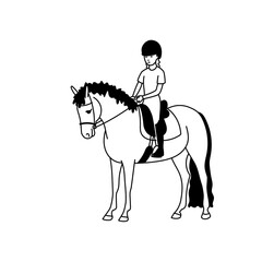 Fototapeta na wymiar Cute girl riding a pony in training. Black and white flat vector Illustration