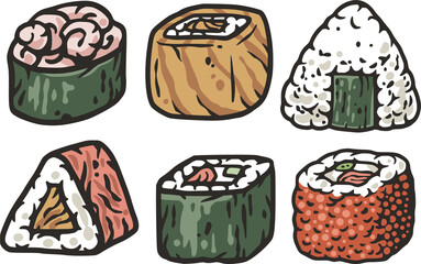 sushi, food, fish, asian food, seafood, salmon, shrimp, illustration, tuna, rice, vector, asian, japanese, seaweed, menu, caviar, meal, wasabi, set, cartoon, isolated, roll, traditional, oriental, cho